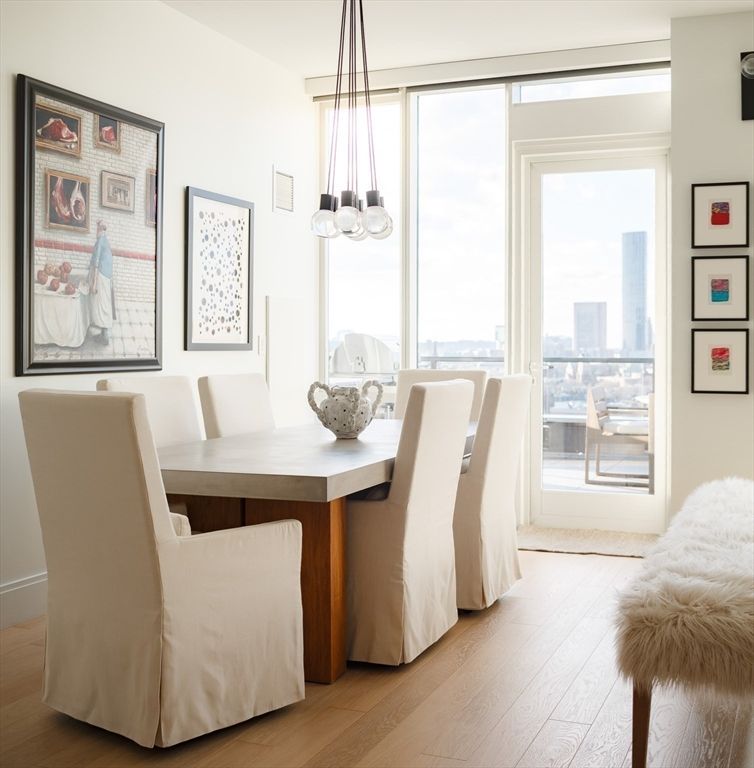 Dining room, Interior, Pendant Lights, Wood Texture Flooring