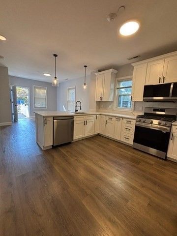 Interior, Kitchen, Pendant Lights, Recessed Lighting, Stainless Steel Appliances, Wood Texture Flooring
