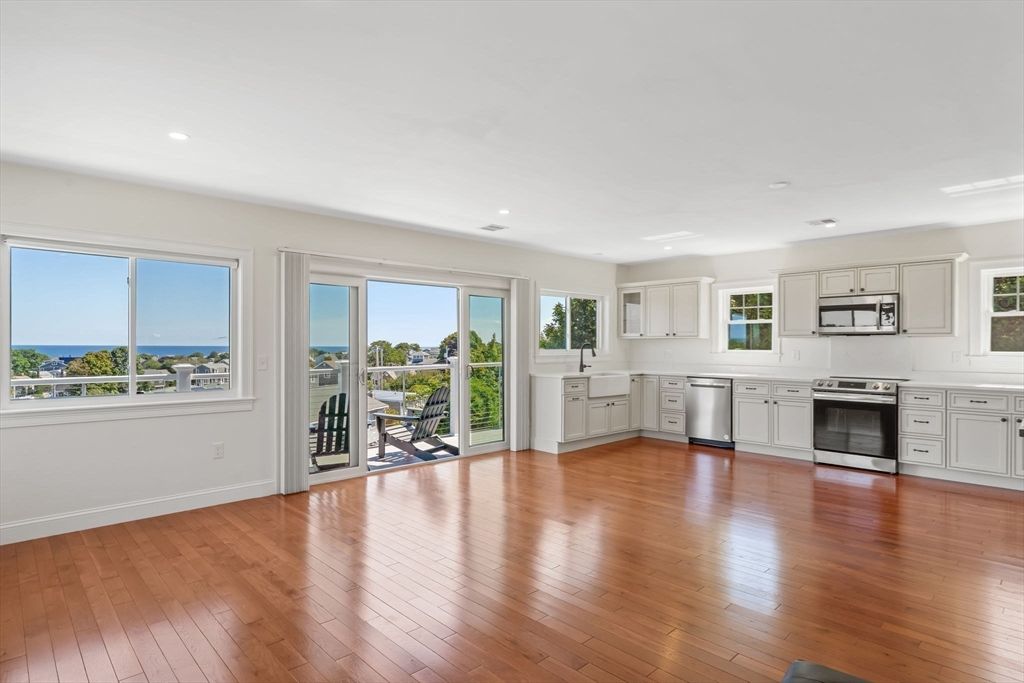 Interior, Kitchen, Recessed Lighting, Stainless Steel Appliances, Water, Wood Texture Flooring