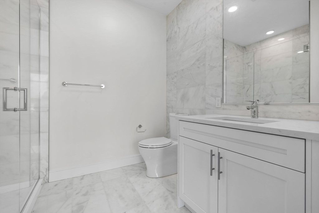 Bathroom, Glass Shower, Interior, Marble, Marble Walls, Recessed Lighting