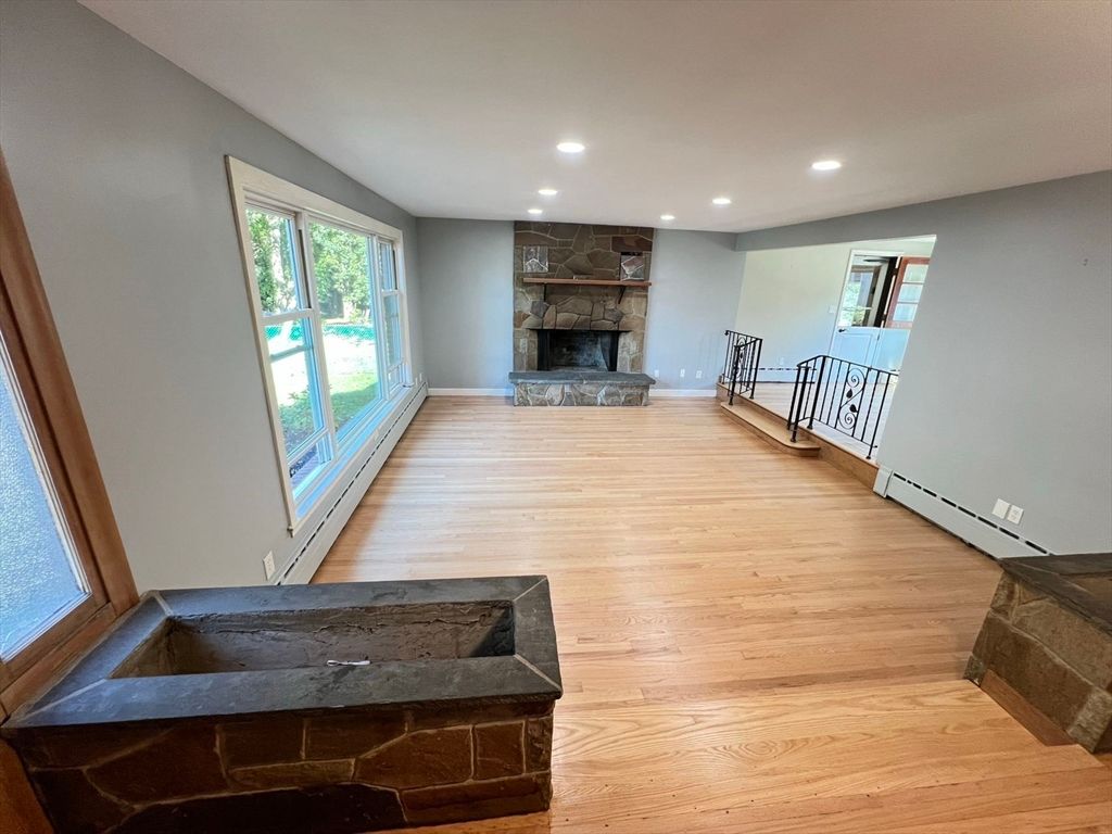 Empty room, Fireplace, Interior, Recessed Lighting, Wood Texture Flooring