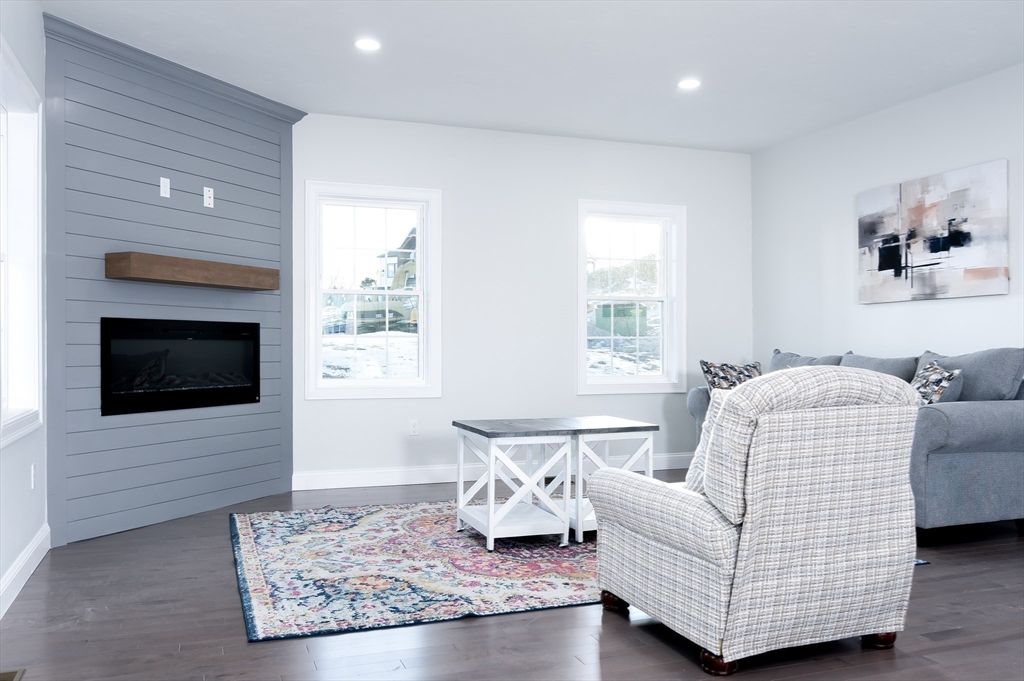 Fireplace, Interior, Living room, Recessed Lighting, Wood Texture Flooring