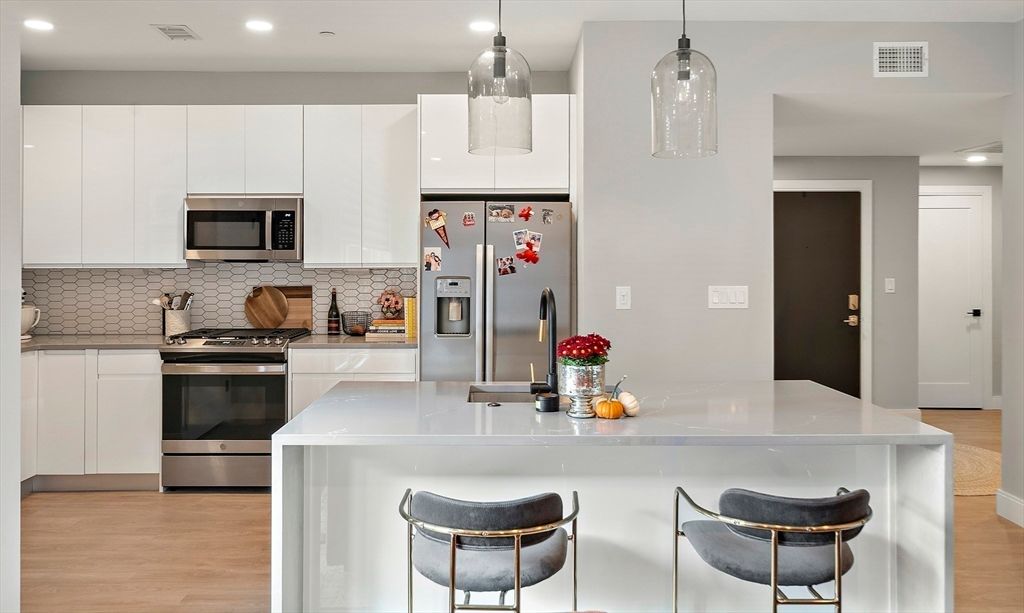 Interior, Kitchen, Pendant Lights, Recessed Lighting, Stainless Steel Appliances, Wood Texture Flooring