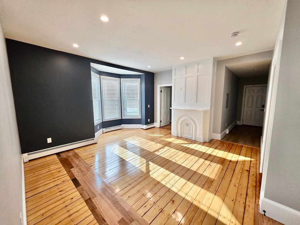 Empty room, Fireplace, Interior, Recessed Lighting, Wood Texture Flooring