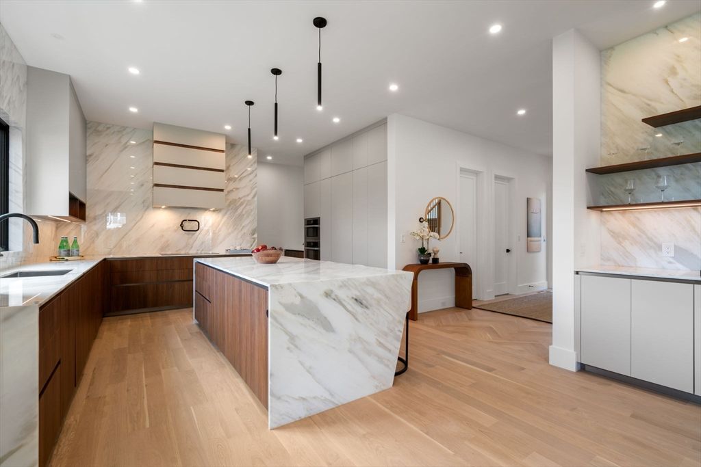 Interior, Kitchen, Marble Walls, Pendant Lights, Recessed Lighting, Wood Texture Flooring