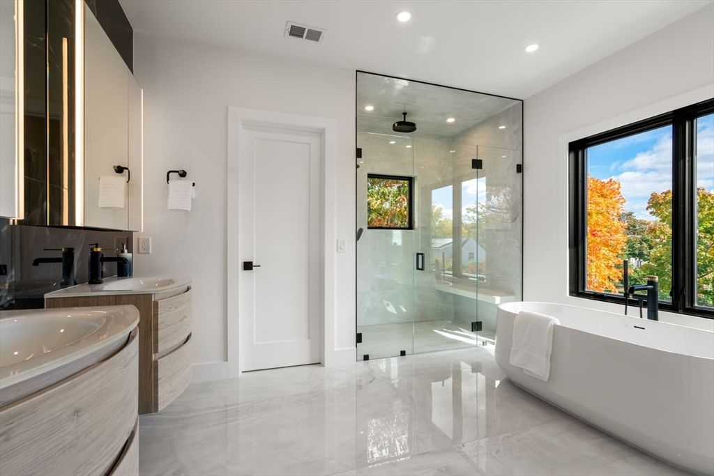 Bathroom, Dual Sink Vanities, Free Standing Baths, Glass Shower, Interior, Recessed Lighting