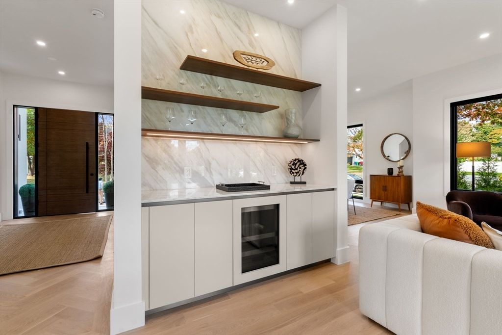 Interior, Marble Walls, Recessed Lighting, Wood Texture Flooring