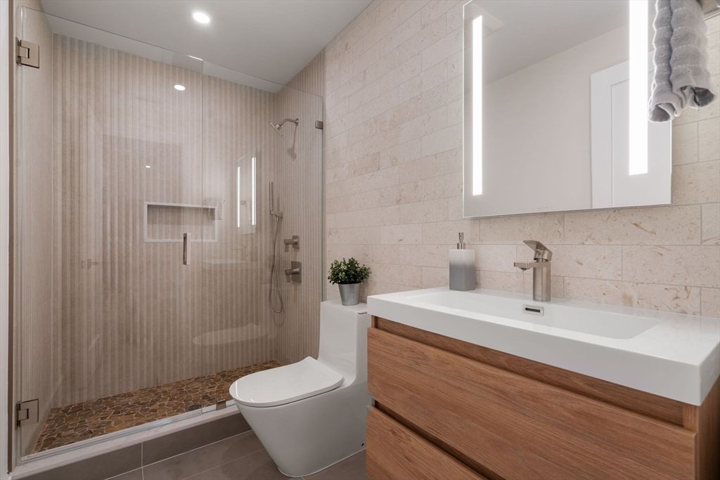 Bathroom, Glass Shower, Interior, Recessed Lighting, Stone Walls