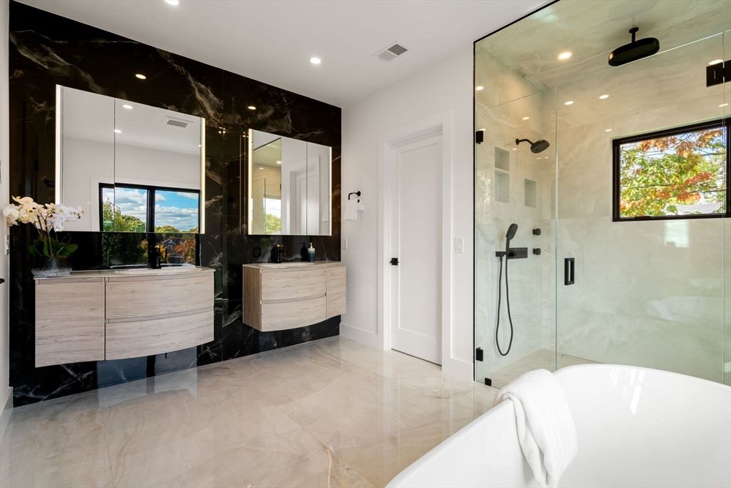 Bathroom, Dual Sink Vanities, Glass Shower, Interior, Marble, Marble Walls, Recessed Lighting