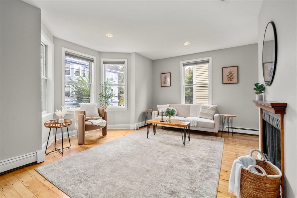 Fireplace, Interior, Living room, Recessed Lighting, Wood Texture Flooring