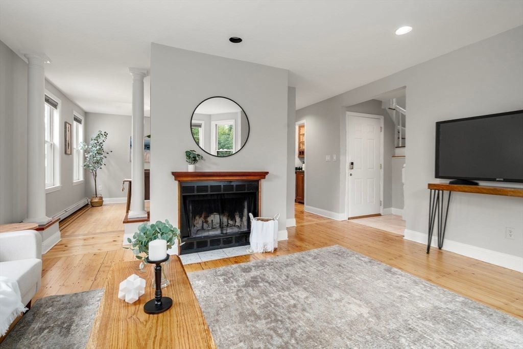 Fireplace, Interior, Recessed Lighting, Wood Texture Flooring