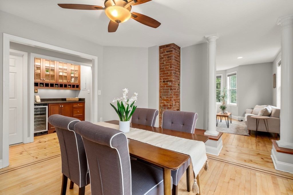 Dining room, Interior, Living room, Recessed Lighting, Stone Walls, Wood Texture Flooring