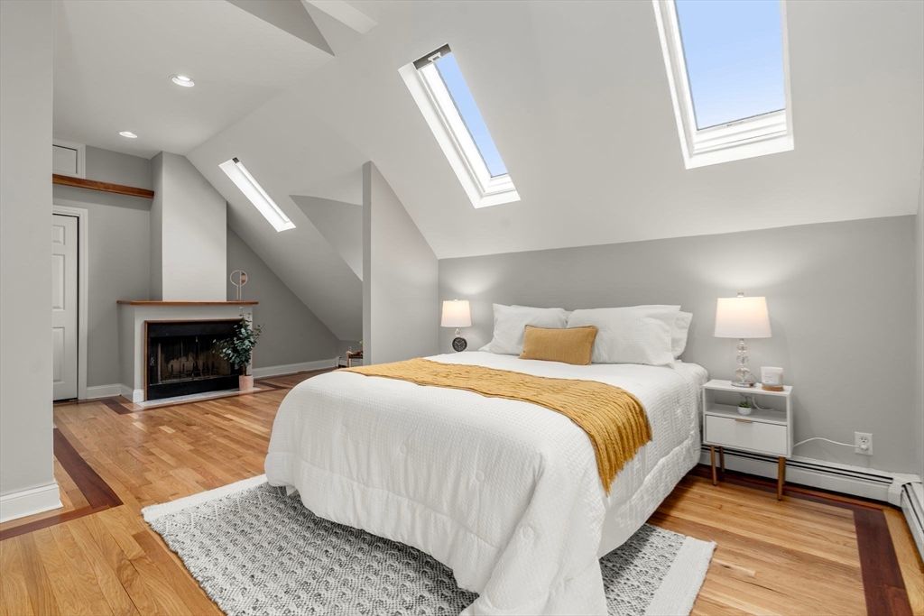 Bedroom, Fireplace, Interior, Recessed Lighting, Wood Texture Flooring