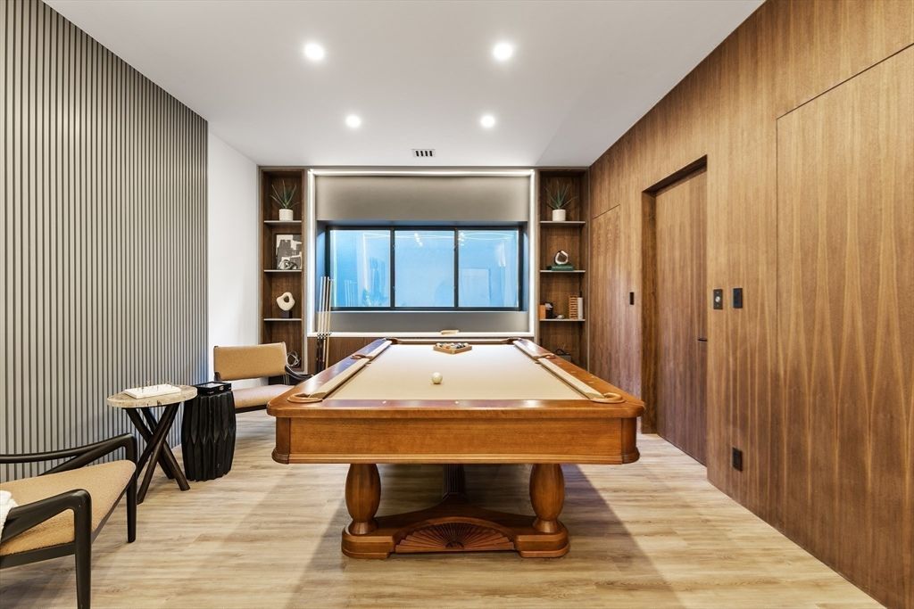 Billiard Table, Game Room, Interior, Recessed Lighting, Wood Texture Flooring, Wooden Walls