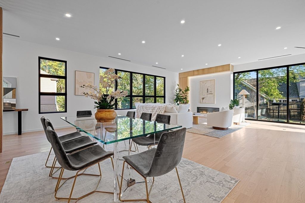 Dining room, Fireplace, Interior, Living room, Recessed Lighting, Wood Texture Flooring