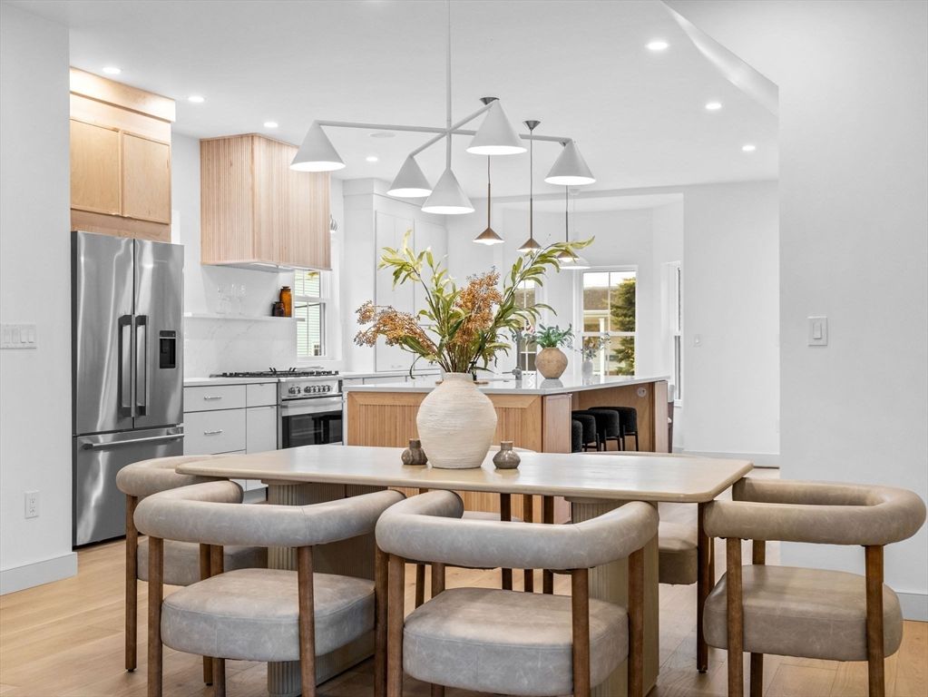 Interior, Kitchen, Pendant Lights, Recessed Lighting, Stainless Steel Appliances, Wood Texture Flooring