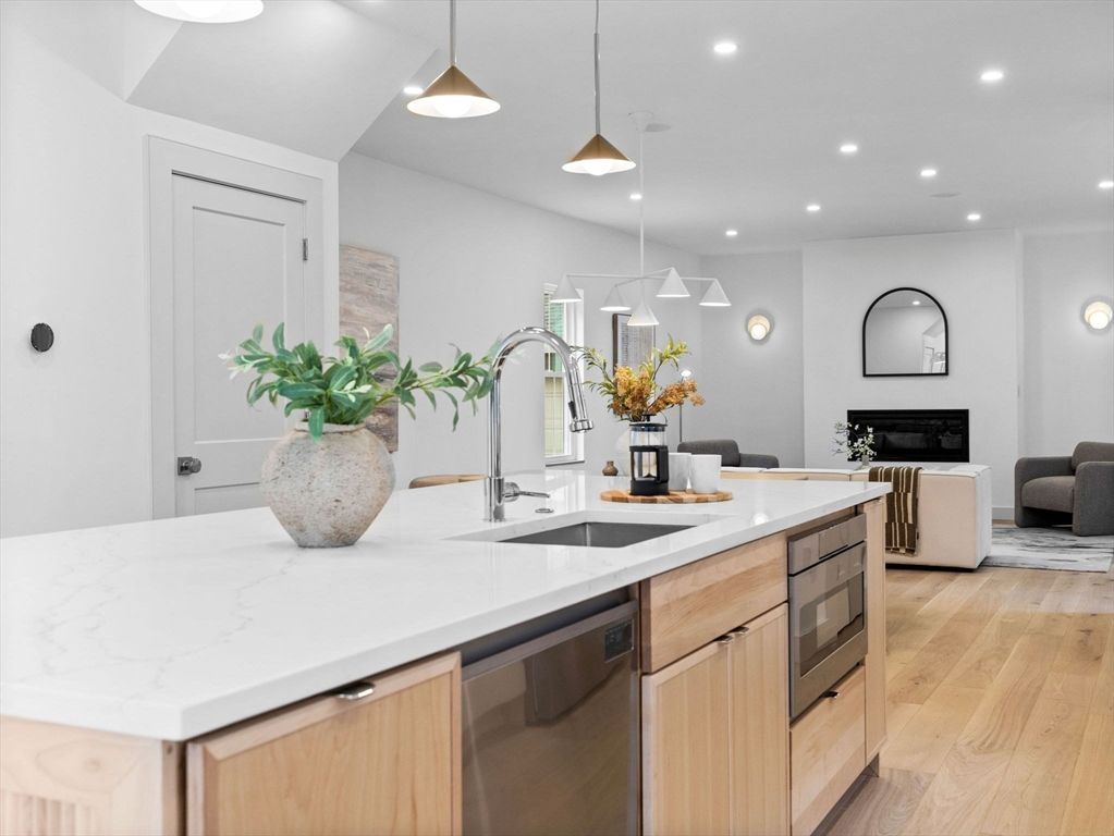 Fireplace, Interior, Kitchen, Pendant Lights, Recessed Lighting, Stainless Steel Appliances, Wood Texture Flooring