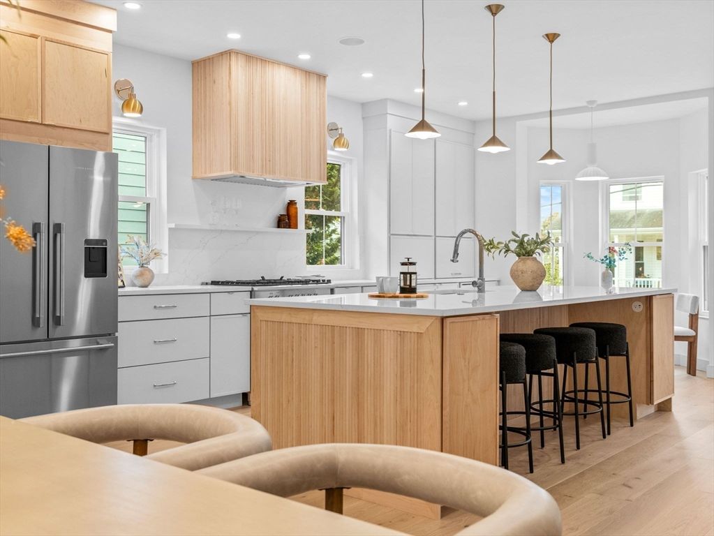 Interior, Kitchen, Pendant Lights, Recessed Lighting, Stainless Steel Appliances, Wood Texture Flooring