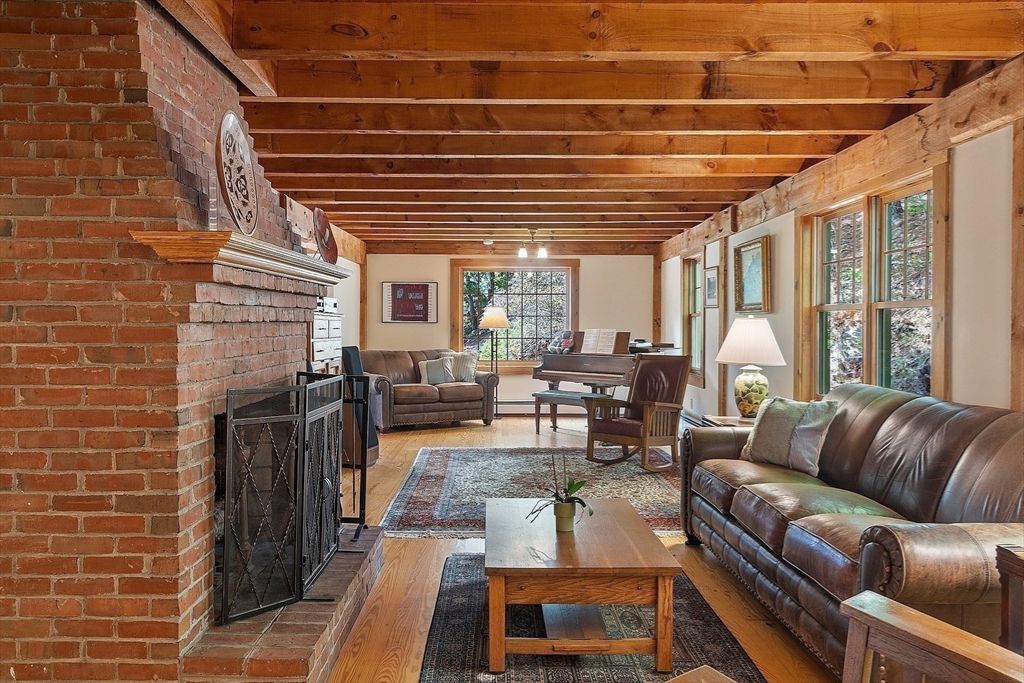Fireplace, Interior, Living room, Piano, Stone Walls, Wooden Beams, Wooden Ceilings, Wood Texture Flooring