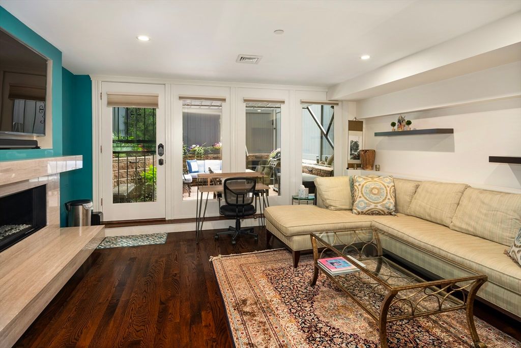 Fireplace, Interior, Living room, Recessed Lighting, Wood Texture Flooring