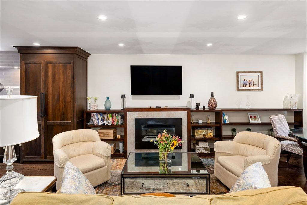 Fireplace, Interior, Living room, Recessed Lighting, Wood Texture Flooring