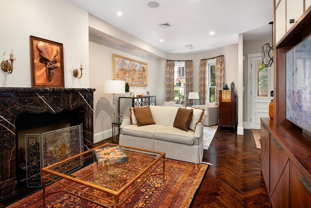 Fireplace, Interior, Living room, Recessed Lighting, Wood Texture Flooring