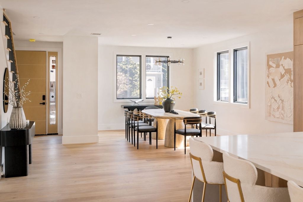Dining room, Interior, Pendant Lights, Wood Texture Flooring