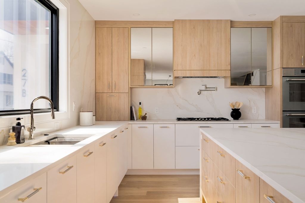 Interior, Kitchen, Marble Walls, Stainless Steel Appliances, Wood Texture Flooring