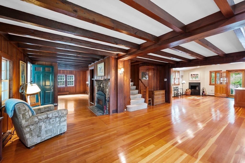 Empty room, Fireplace, Interior, Wooden Beams, Wood Texture Flooring, Wooden Walls