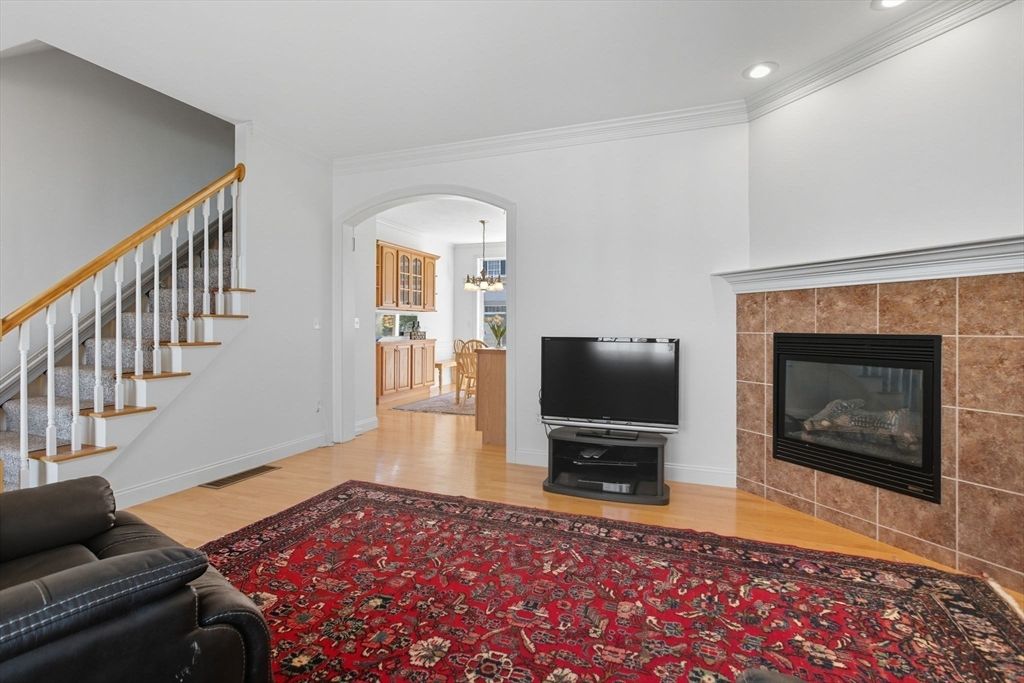 Fireplace, Interior, Pendant Lights, Recessed Lighting, Wood Texture Flooring