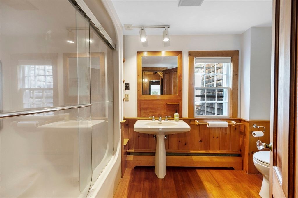 Bathroom, Glass Shower, Interior, Wood Texture Flooring