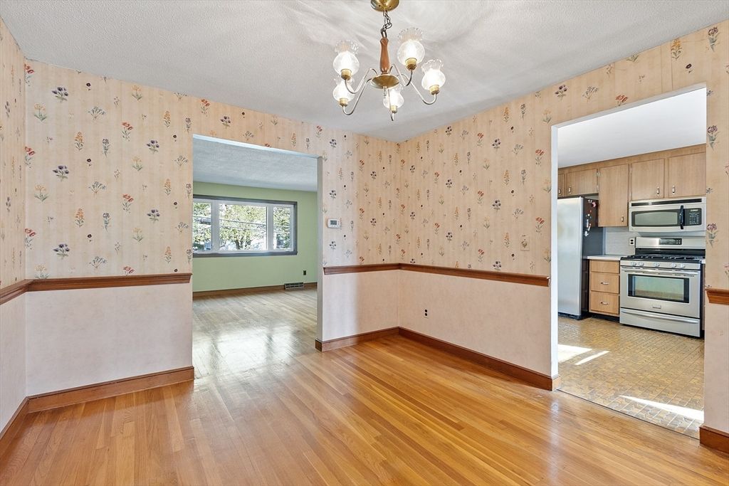 Chandelier, Empty room, Interior, Kitchen, Stainless Steel Appliances, Wood Texture Flooring