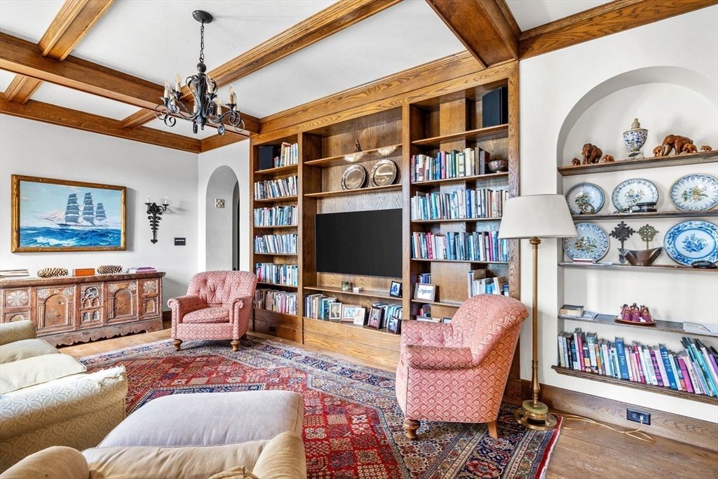 Chandelier, Interior, Living room, Wooden Beams, Wood Texture Flooring
