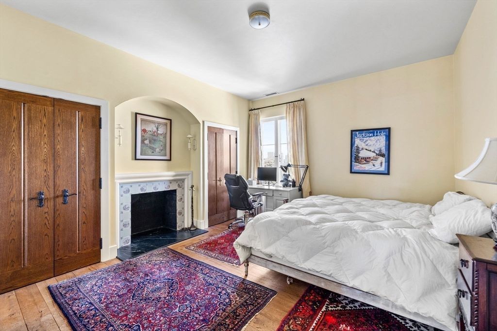 Bedroom, Fireplace, Home Office, Interior, Wood Texture Flooring