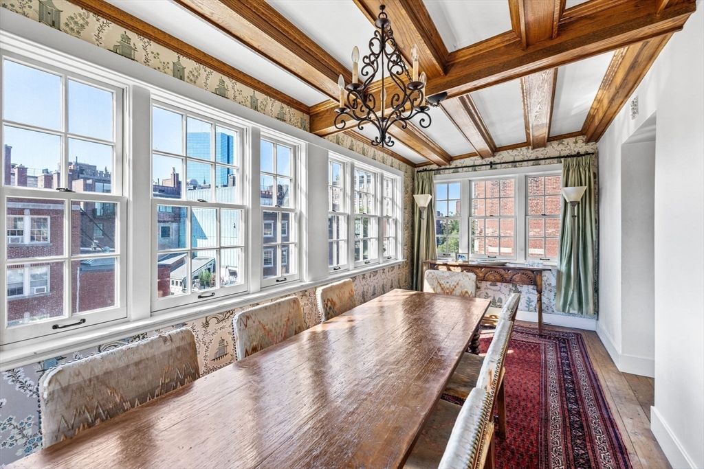 Chandelier, Dining room, Interior, Wooden Beams, Wood Texture Flooring