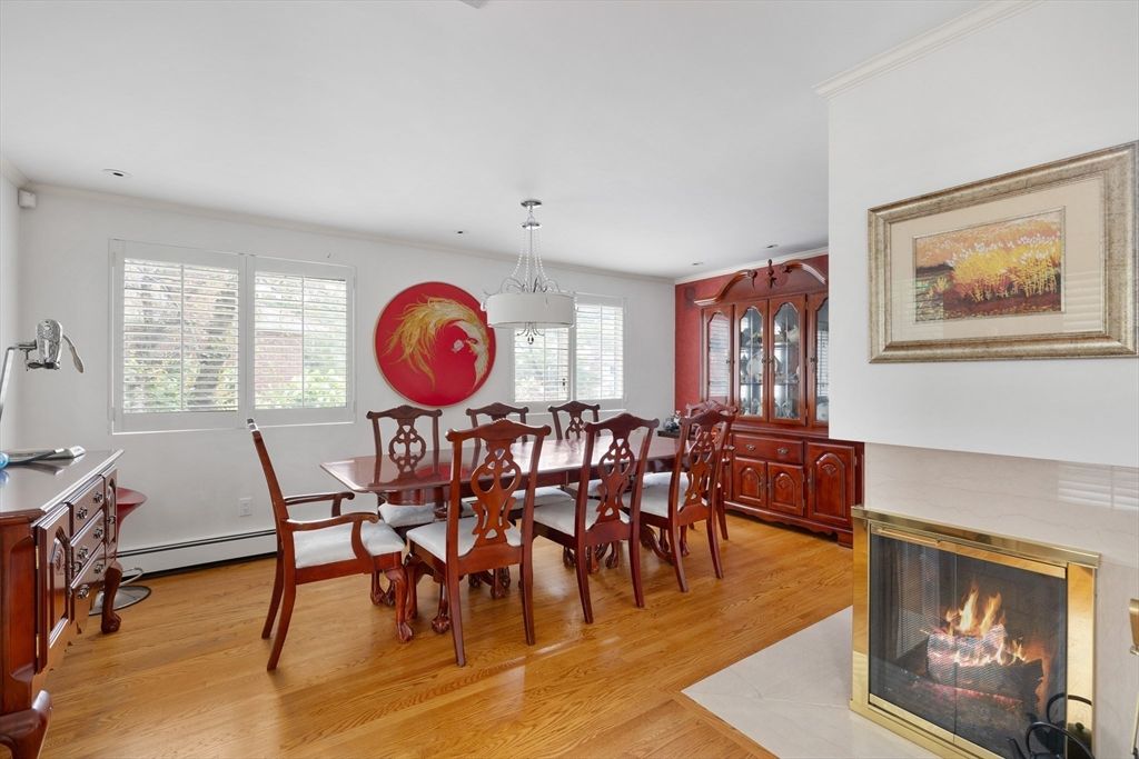 Dining room, Fireplace, Interior, Pendant Lights, Wood Texture Flooring