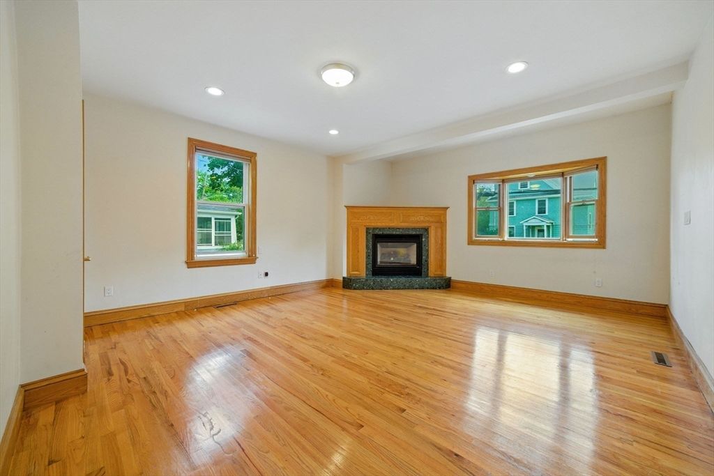 Empty room, Fireplace, Interior, Recessed Lighting, Wood Texture Flooring