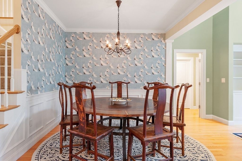 Chandelier, Dining room, Interior, Wood Texture Flooring