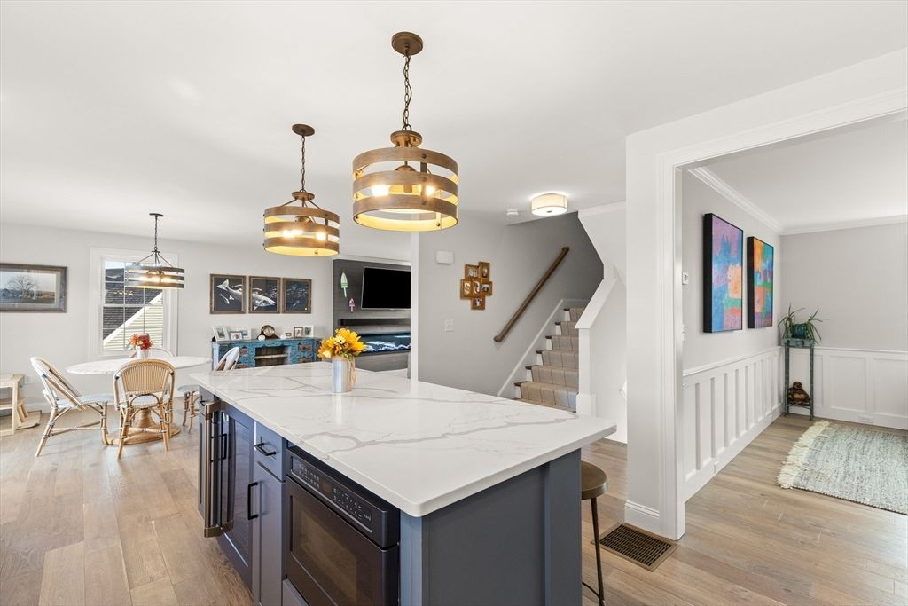 Dining room, Interior, Pendant Lights, Wood Texture Flooring