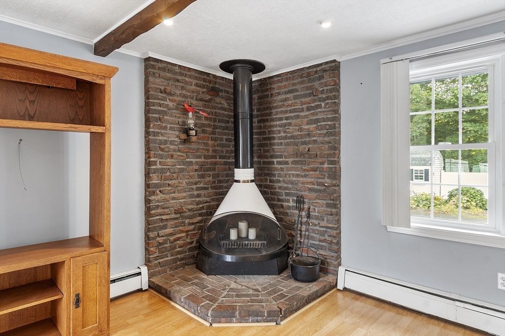 Fireplace, Interior, Recessed Lighting, Stone Walls, Wood Texture Flooring
