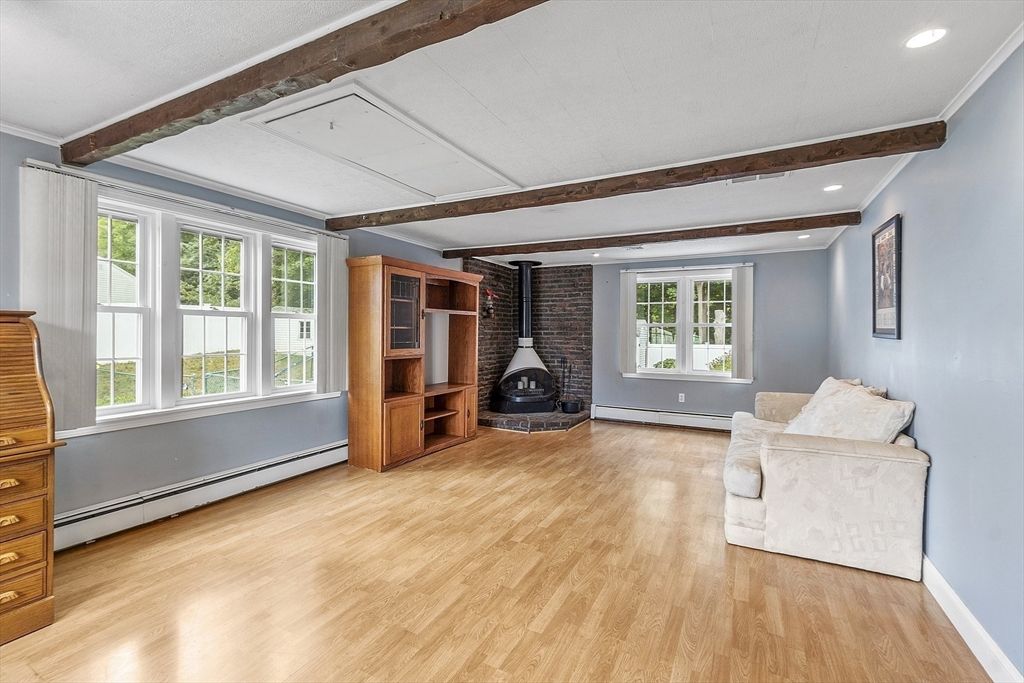 Fireplace, Interior, Recessed Lighting, Stone Walls, Wooden Beams, Wood Texture Flooring