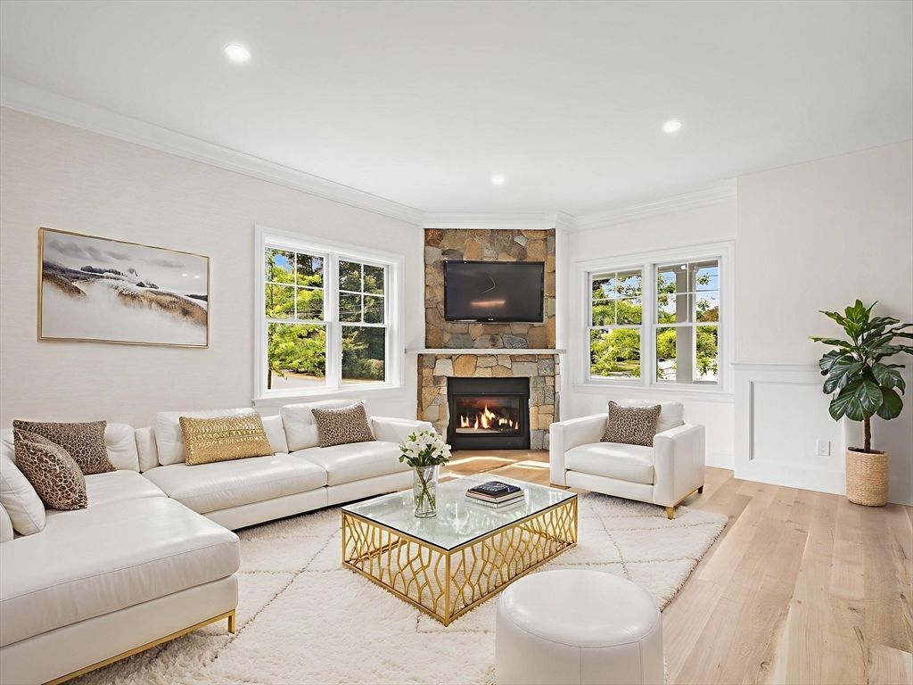 Fireplace, Interior, Living room, Recessed Lighting, Stone Walls, Wood Texture Flooring