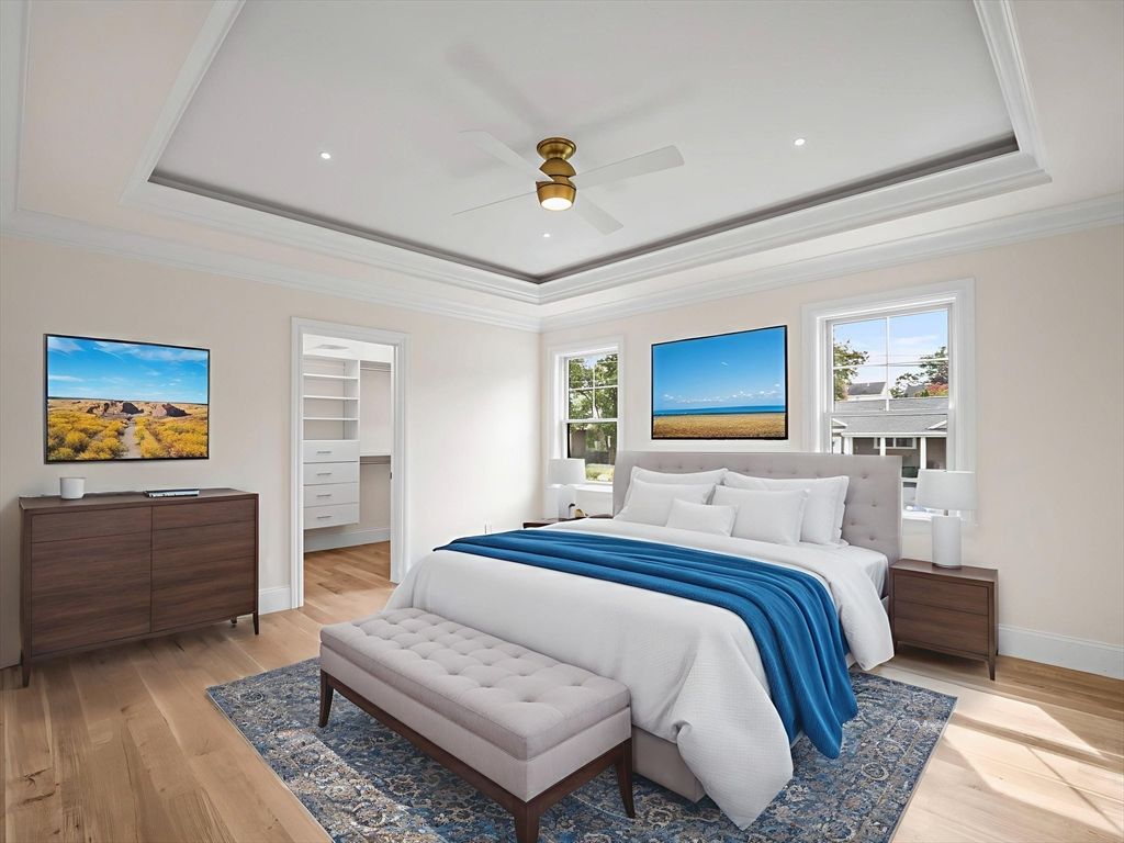 Bedroom, Interior, Recessed Lighting, Wood Texture Flooring