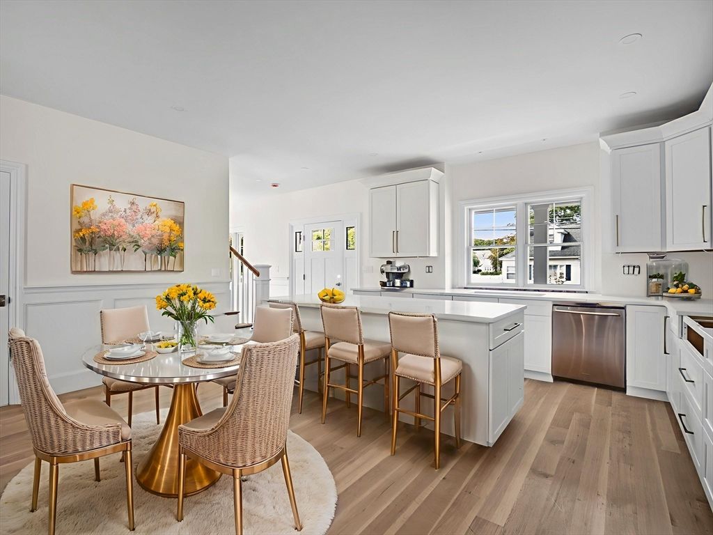 Dining room, Interior, Kitchen, Recessed Lighting, Stainless Steel Appliances, Wood Texture Flooring