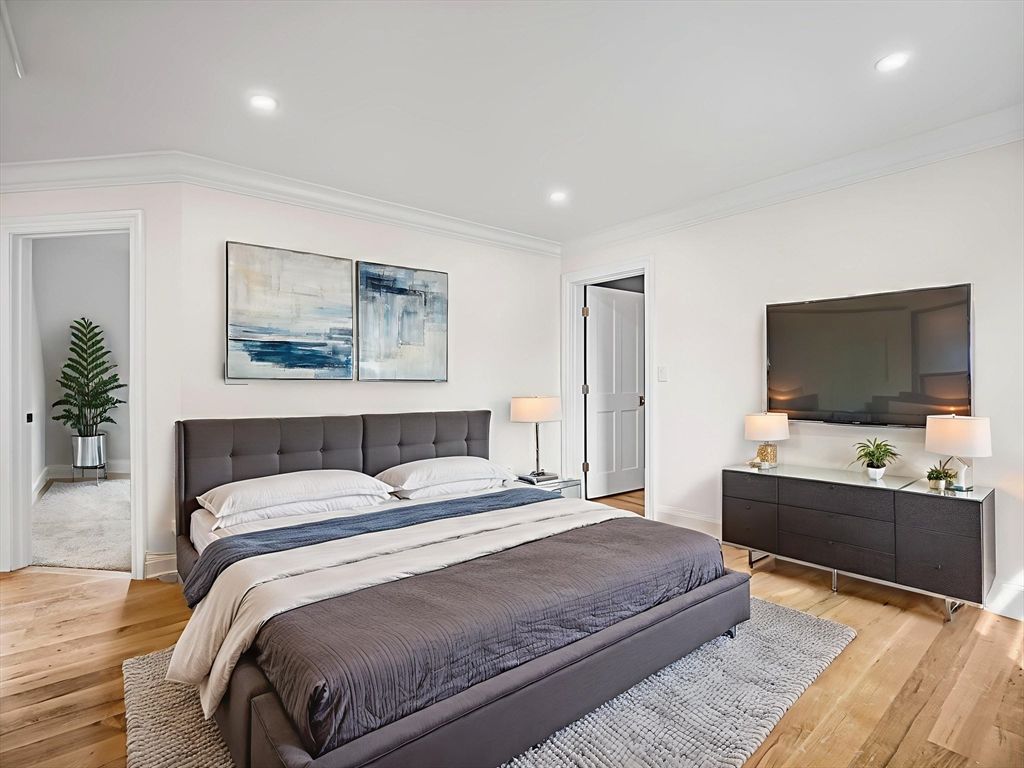 Bedroom, Interior, Recessed Lighting, Wood Texture Flooring