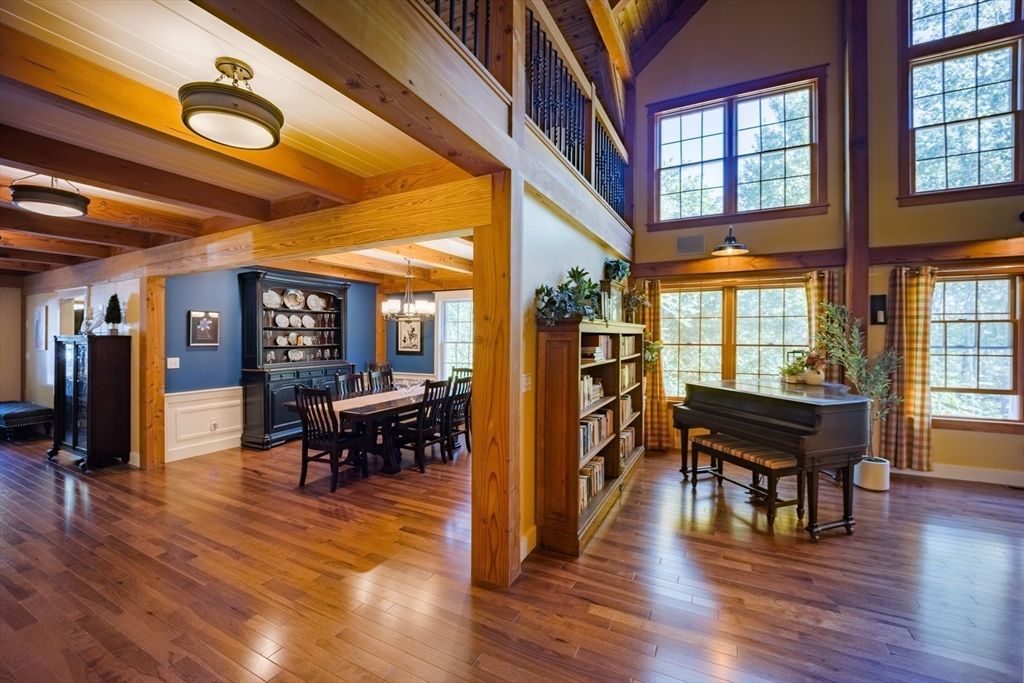 Dining room, Interior, Pendant Lights, Piano, Wooden Beams, Wood Texture Flooring