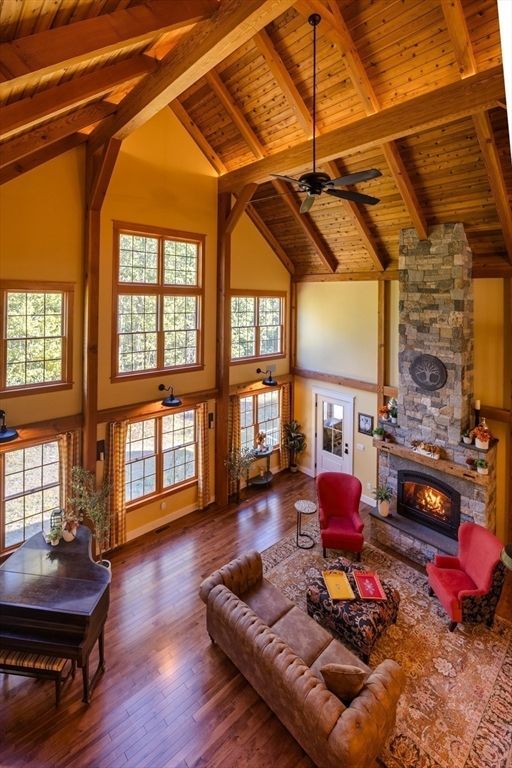 Fireplace, Interior, Living room, Stone Walls, Wooden Beams, Wooden Ceilings, Wood Texture Flooring