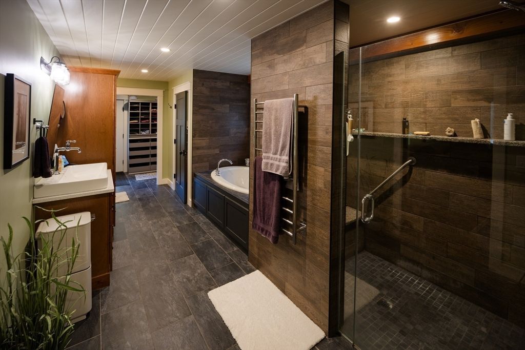 Bathroom, Dual Sink Vanities, Glass Shower, Interior, Recessed Lighting, Wood Texture Flooring, Wooden Walls