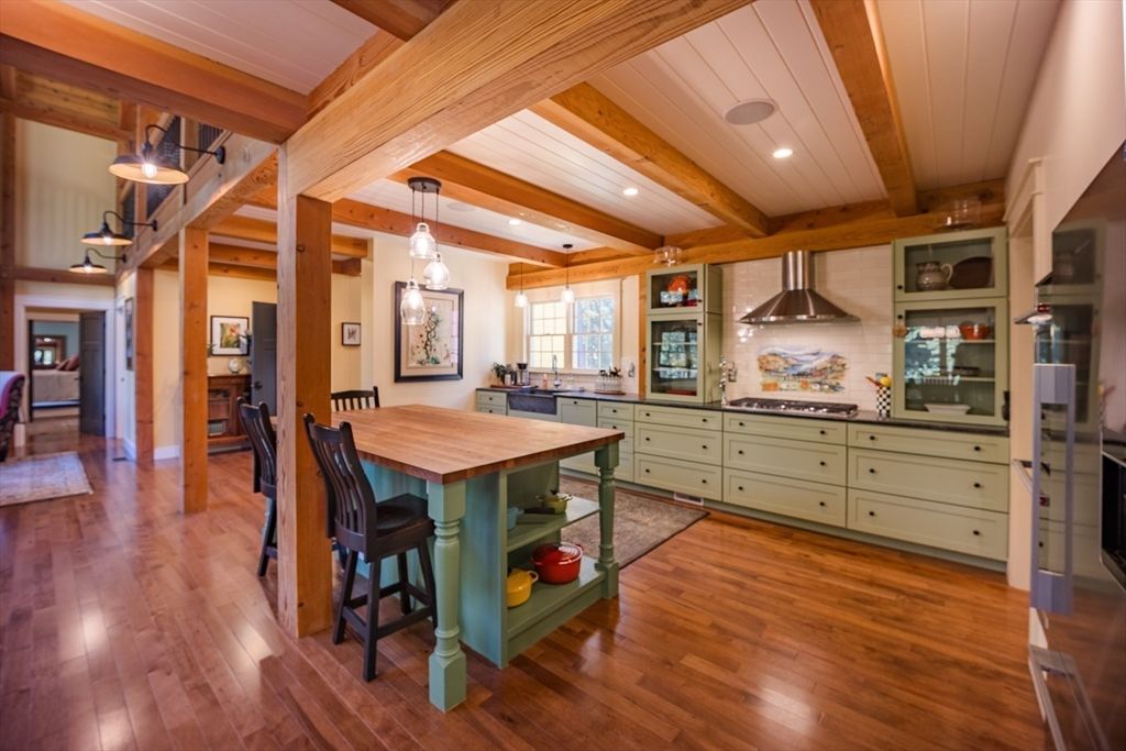 Interior, Kitchen, Pendant Lights, Recessed Lighting, Wooden Beams, Wood Texture Flooring