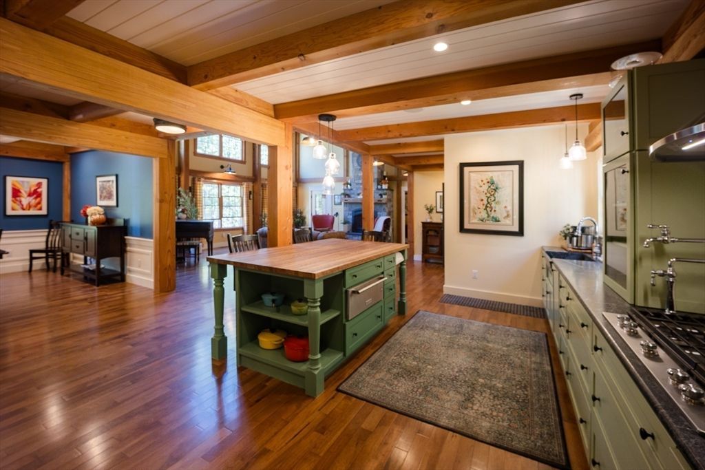 Interior, Kitchen, Pendant Lights, Recessed Lighting, Wooden Beams, Wood Texture Flooring